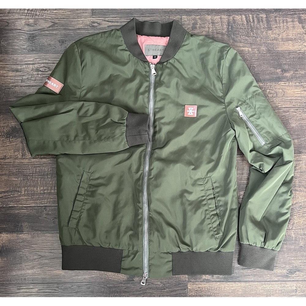 STHEART Olive Green Bomber Jacket Embroidered Back Detail  XS‎ Streetwear Art